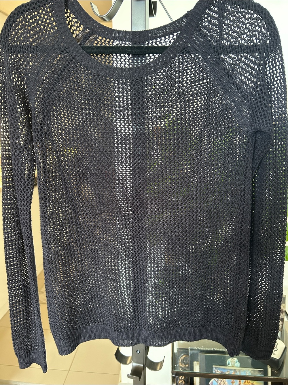 Women's Black Open-Knit Scoop Neck Sweater